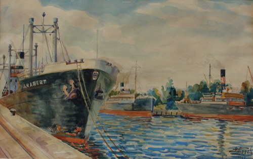 Szwedzki statek Arabert w porcie w Gdyni, 1947, Antoni Wippel