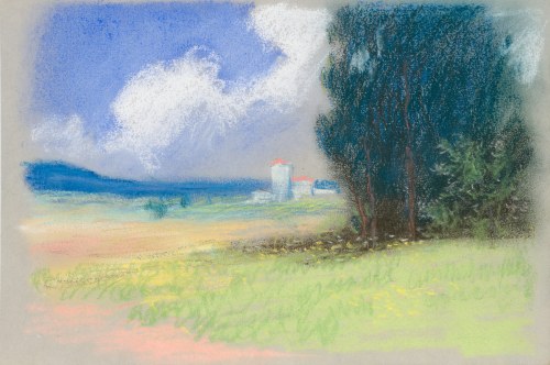 Pejzaż z zabudowaniami w dali, ok. 1913, František Xaver Harlas