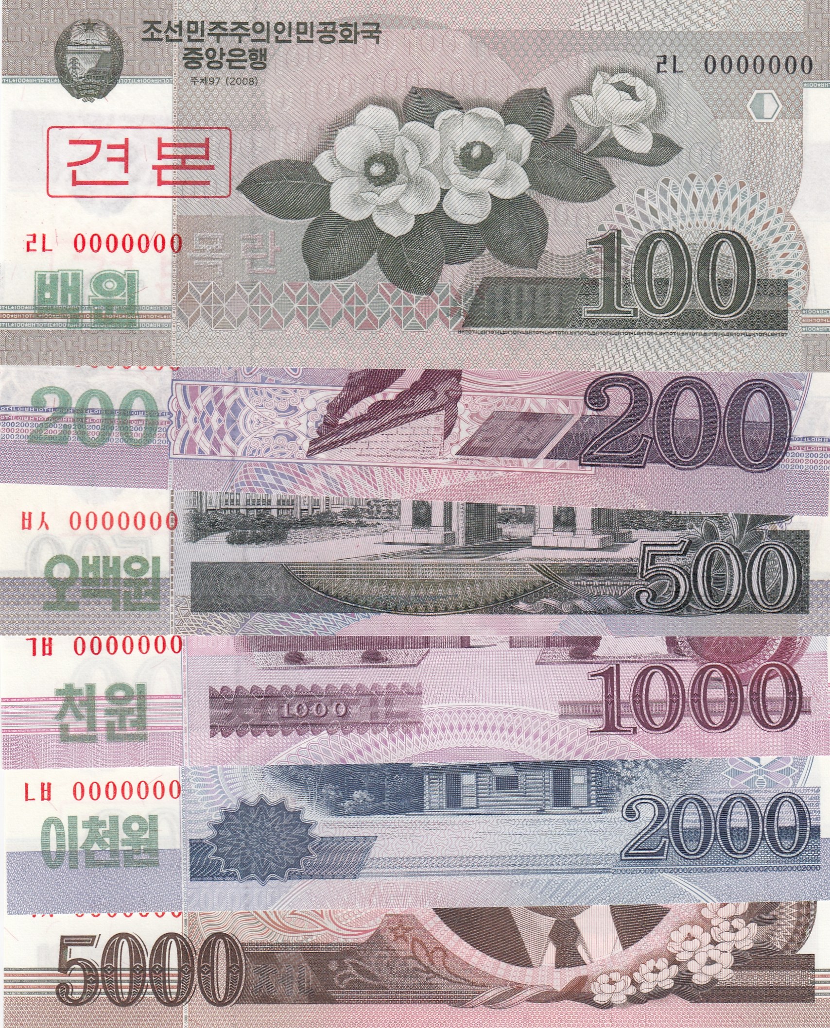 North Korea 100 Won 200 Won 500 Won 1000 Won 2000 Won And 5000 Won north-korea-100-won-200-won-500-won-1000-won-2000-won-and-5000-won