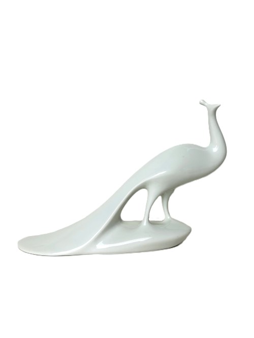 porcelanowa figurka Royal Dux | Minimalistyczny paw, zaprojektowany przez Jaroslava Ježka, białe szkliwo, Jaroslav Ježek