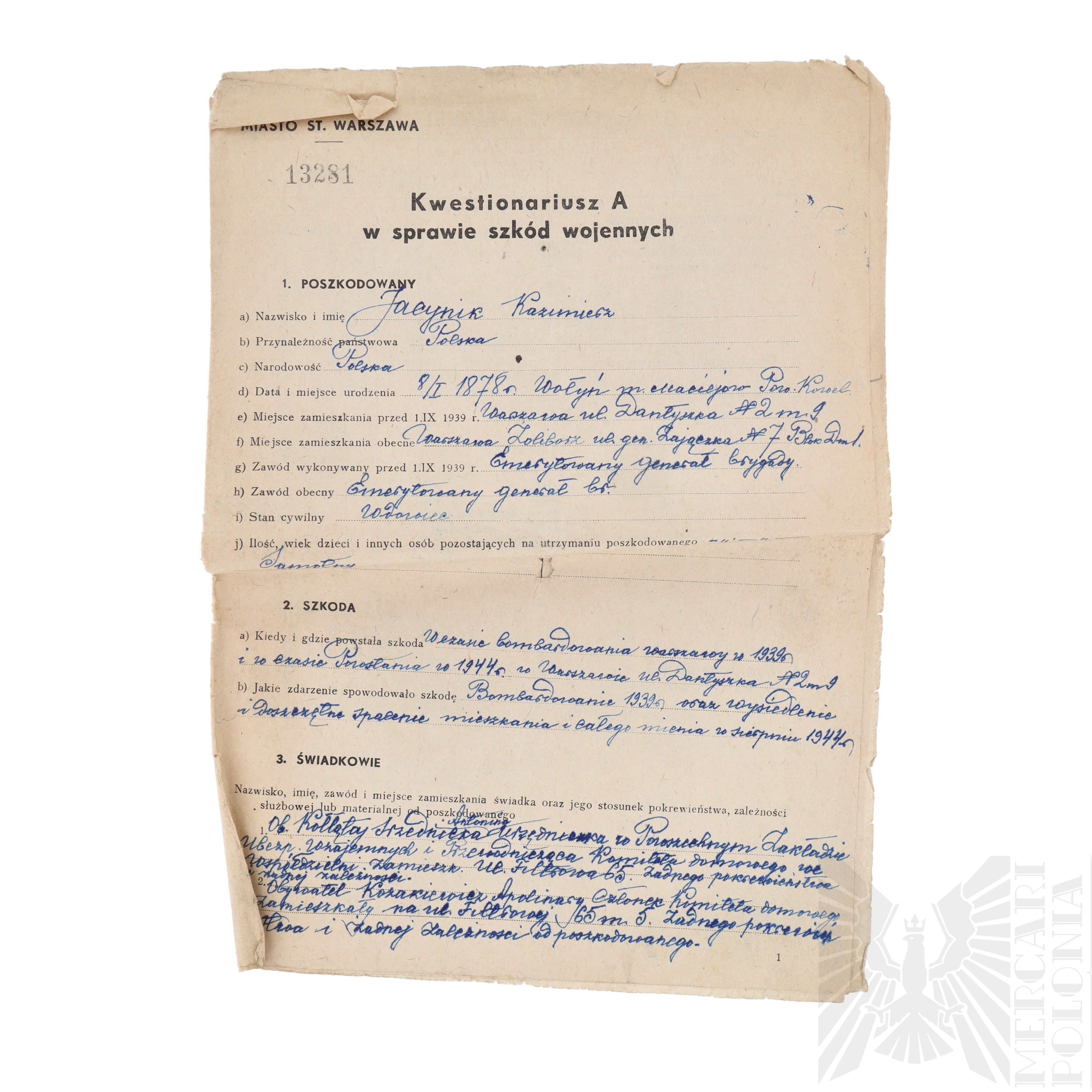PRL Questionnaire on War Losses Issued by General Kazimierz Jacynik ...