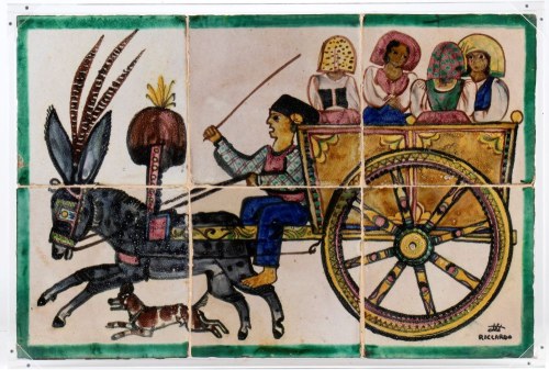 Duży panel maiolica składający się z sześciu płytek, ozdobiony świątecznym rydwanem, Richard Dölker