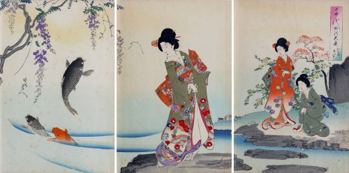 Karpie wyskakujące ze stawu pod drzewem glicynii, z serii: „Wnętrze pałacu Chiyoda”, wyd. Fukuda Hatsujiro, Japonia, 1895 r., Toyohara Chikanobu