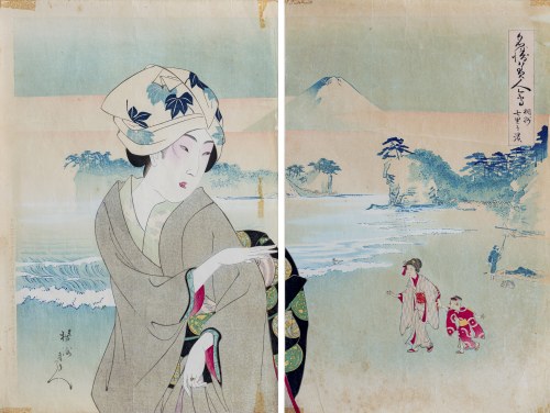 Piękność na plaży, z serii: Piękne kobiety i słynne widoki, Japonia, 1898 r., Toyohara Chikanobu