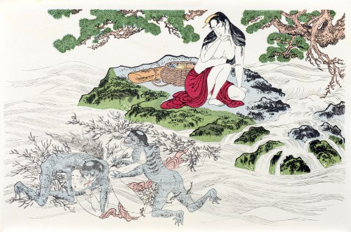 Poławiaczki małży i demon Kappa, z serii: Utamakura, wyd. Ishu-Kankokai, Tokio/Japonia ok. 1970 r., Kitagawa Utamaro
