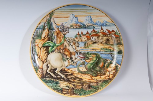 polichromowany talerz ceramiczny, Święty Jerzy I Smok