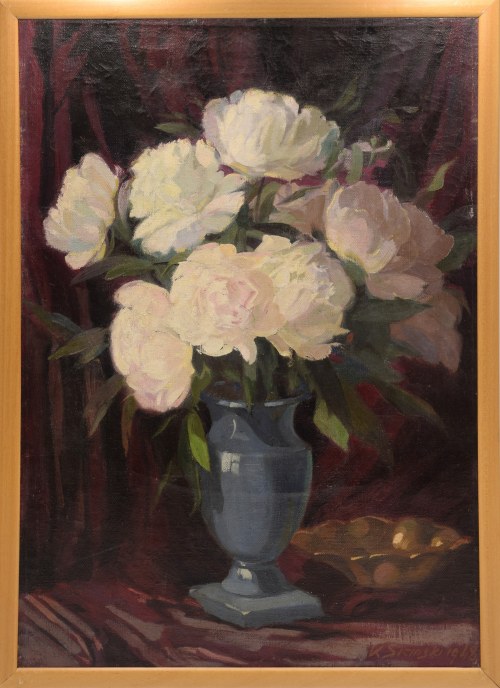 Peonie w niebieskim wazonie, 1948, Karol Siciński