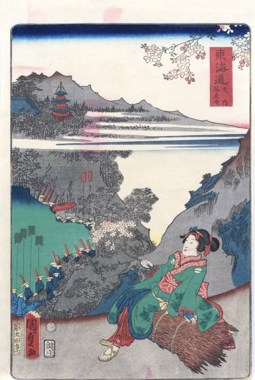 Świątynia Hōrai-ji, z serii: Słynne widoki wzdłuż drogi Tōkaidō, wyd. Maruya Tetsujirō, Tokio/Japonia, 1863 r., Utagawa Kunisada II