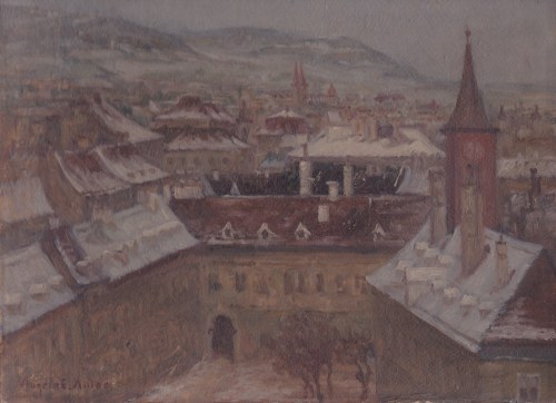 Zimowy widok miasta z poddasza., Angela Adler