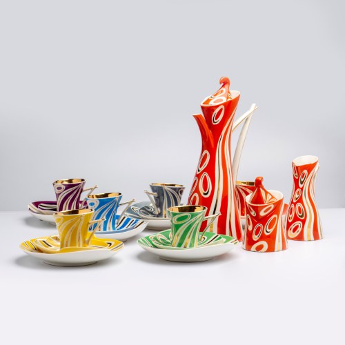 Komplet do kawy, wzór "Kakadu", Wytwórnia Wyrobów Ceramicznych "Steatyt", Katowice, l. 60 XX w., Ada Chmiel