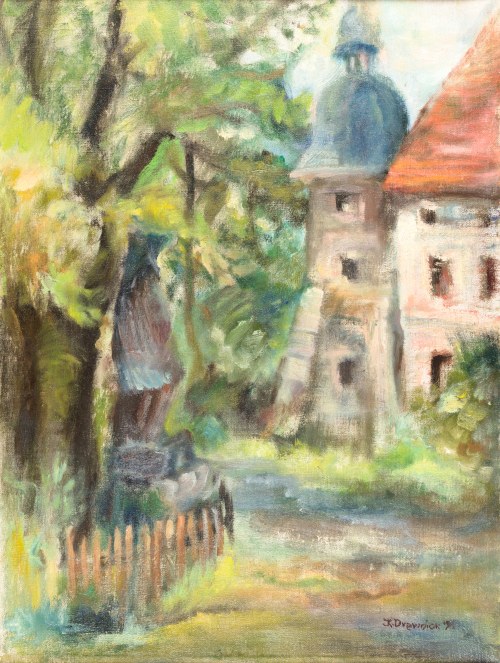 Pejzaż z kapliczką oraz dzwonnicą, 1991, Kazimiera Drewniok
