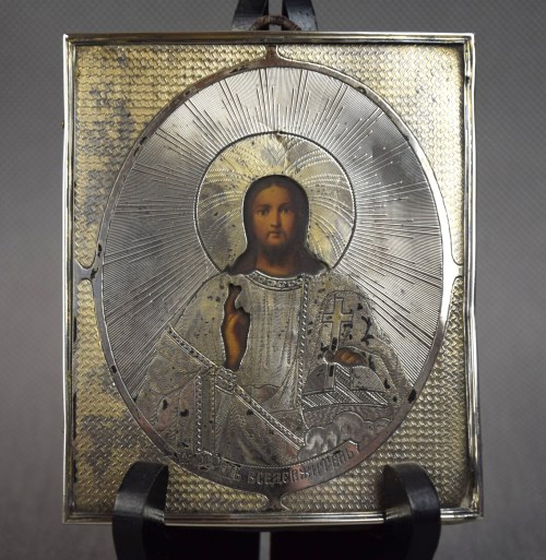 Srebro, Rosja, 1873 r., Sklep Chlebnikowa, Moskwa kon. XIX w., Ikona Chrystus Pantokrator