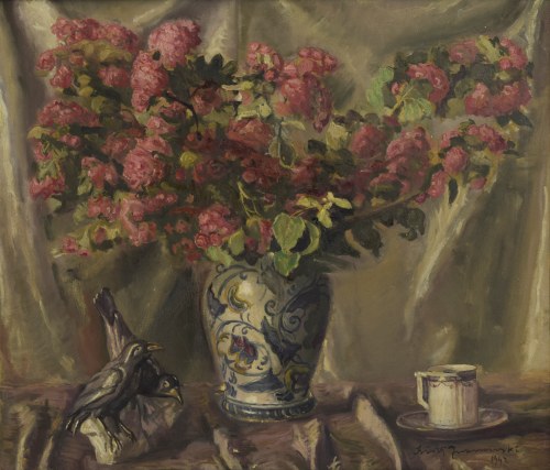 Martwa natura z ptaszkami i filiżanką, 1947, Błażej Iwanowski