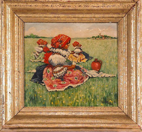 1861-1940). Chłopskie dziewczęta na płynącej łące, Według Jožy Uprki