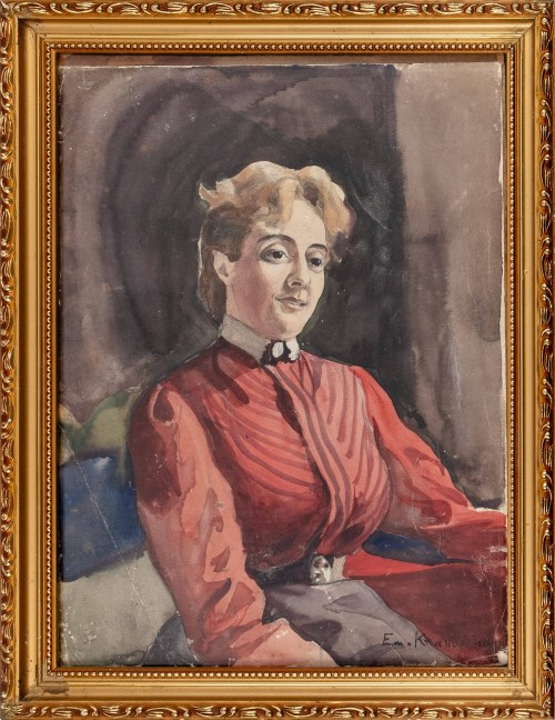 Portret kobiety w czerwonej sukience, I poł. XX w., Emilia Knausówna