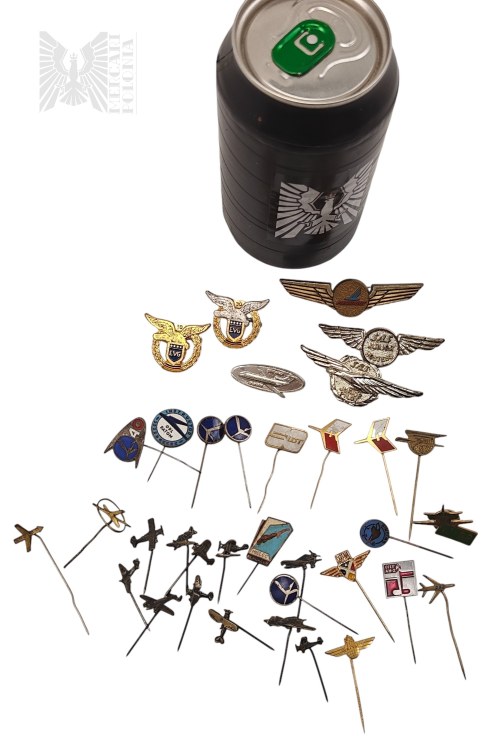 Miniatury Samolotów, Lufthansa, EVG, OPL Bytom, LOT, Piedmont, Mielec Aeroklub, SAS Junior Pilot, Junior Hostess, PRL - Zestaw Wpinek o Tematyce Lotnictwa