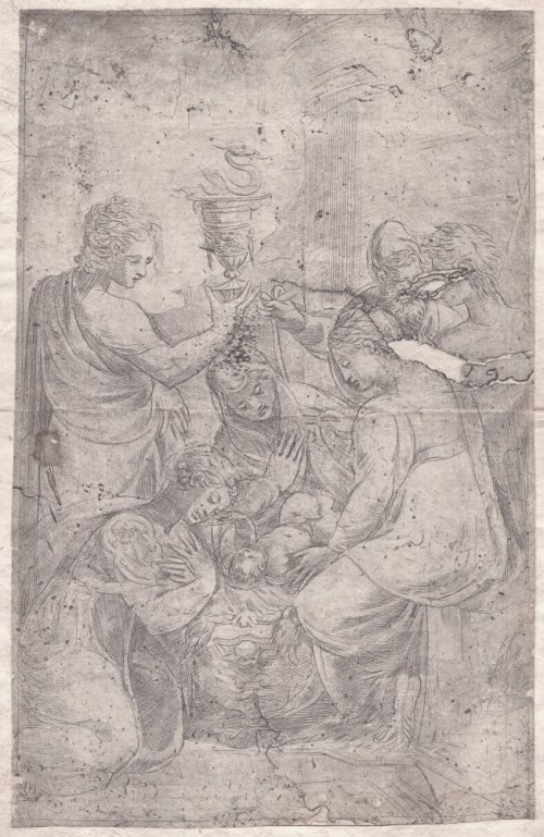 detto Schiavone ( 1510 ok. - 1563 ), Dzieciątko w kołysce, w otoczeniu świętych, Andrea Meldolla