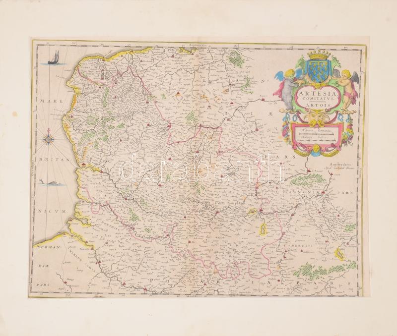 Comitatus 1642 Jan Jansson Artesia comitatus Artois térképe. Színezett rézmetszet ...