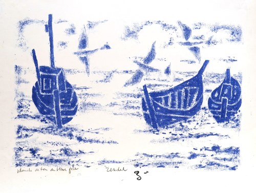 Łodzie na morzu, niebieskie, ok. 1970, Gabriel Zendel