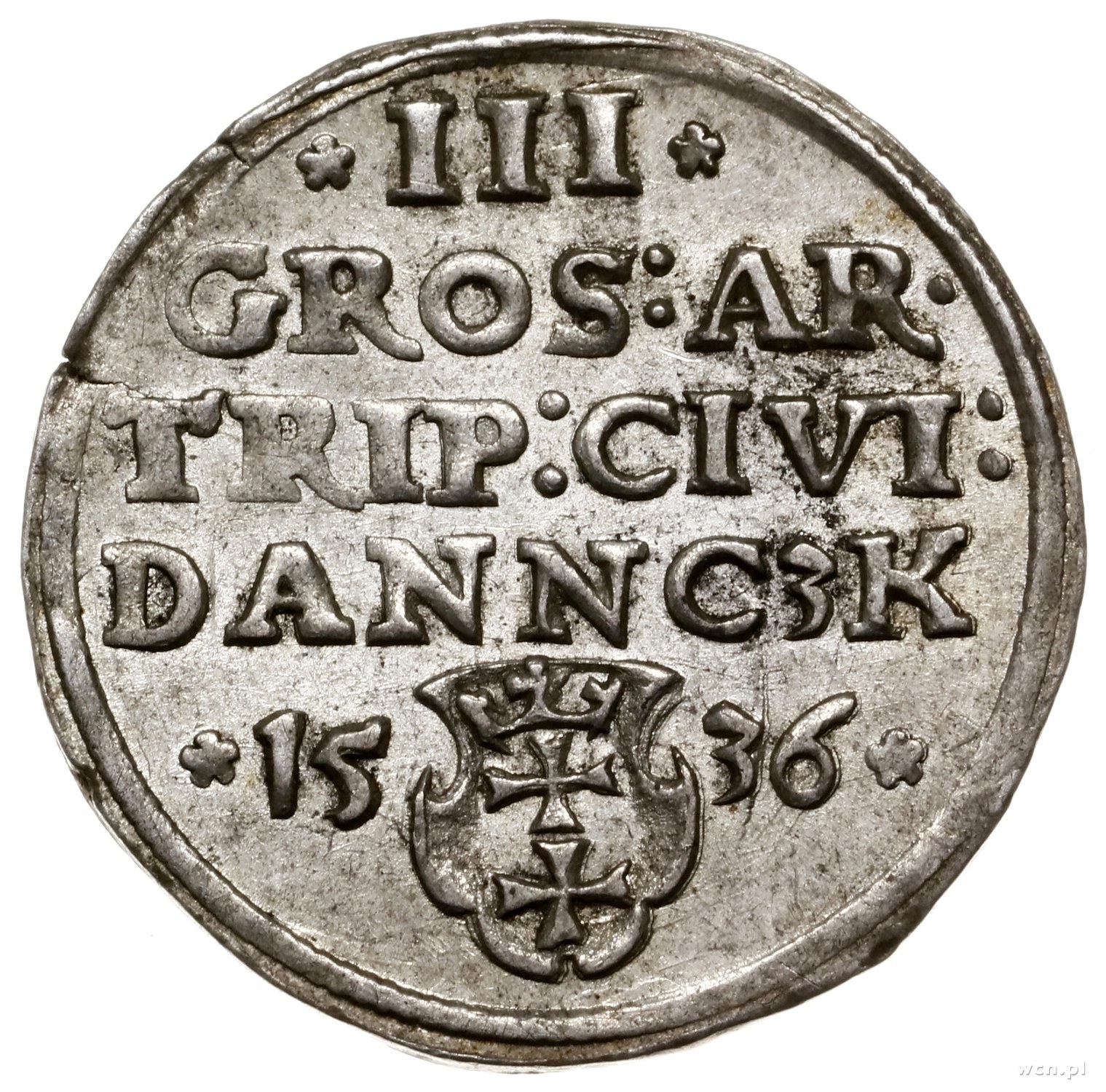 Dawna Moneta Hiszpańska I Portugalska Trojak, 1536, mennica Gdańsk; popiersie króla z waską g...