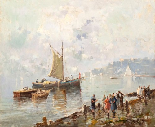 Pejzaż morski z plażą i trzema łodziami, 1923 r., Nicolas de Corsi