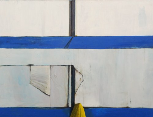 Ściana w pracowni przed remontem i po. Błękitna lamperia z żółtym ręcznikiem, 2014, Anna Marciniak